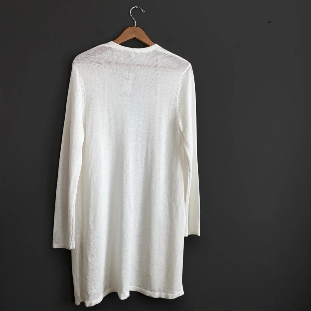 NEW J.Jill Linen White Open Front Long Sweater Knit Cardigan Neutral Coastal L - Picture 3 of 8